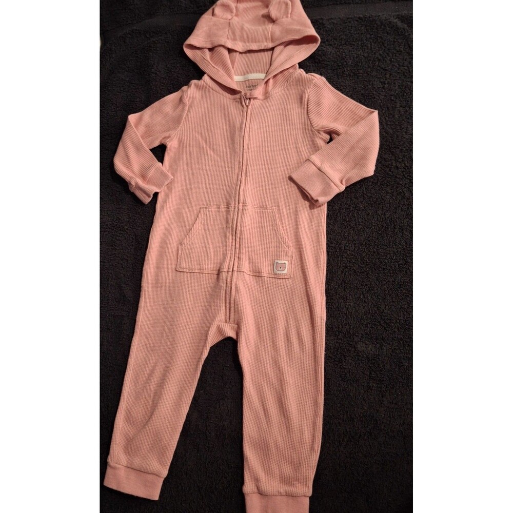 Carter's 18M Pink Waffle Knit Thermal Jumpsuit Hooded Bear Ears